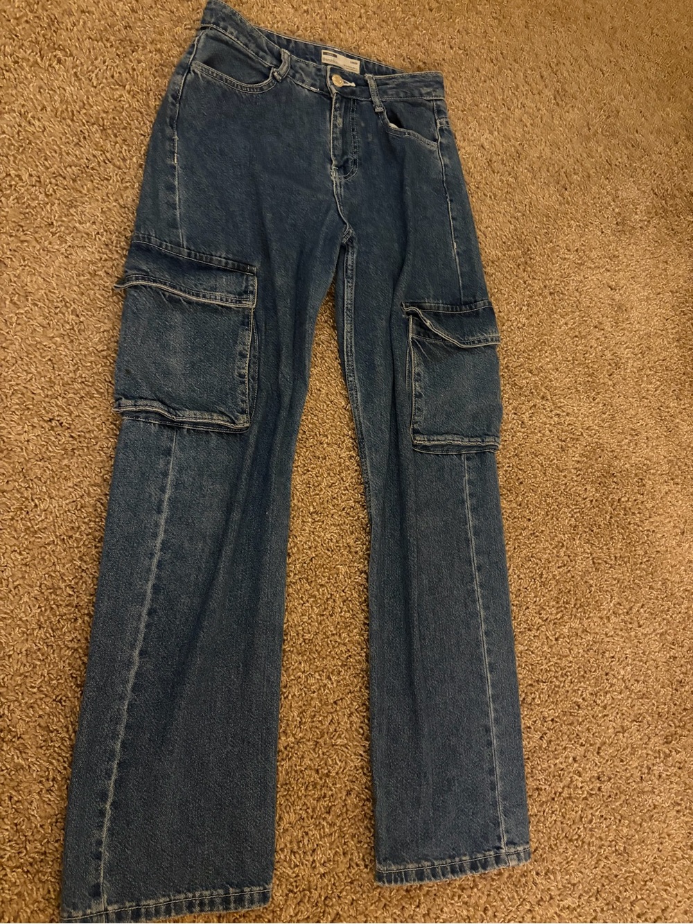 Bershka Women's High-Rise Cargo Jeans in Blue Denim